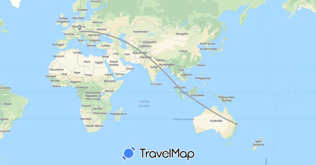 TravelMap itinerary: driving, plane in Australia, Germany, Singapore (Asia, Europe, Oceania)